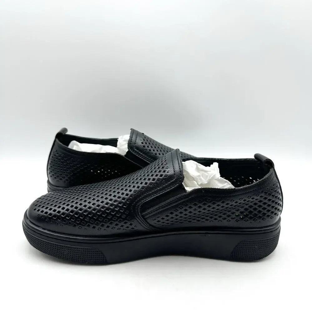 Propet Womens Kate Casual Sneaker Size 7.5 Black Perforated Leather Slip-On NWOB